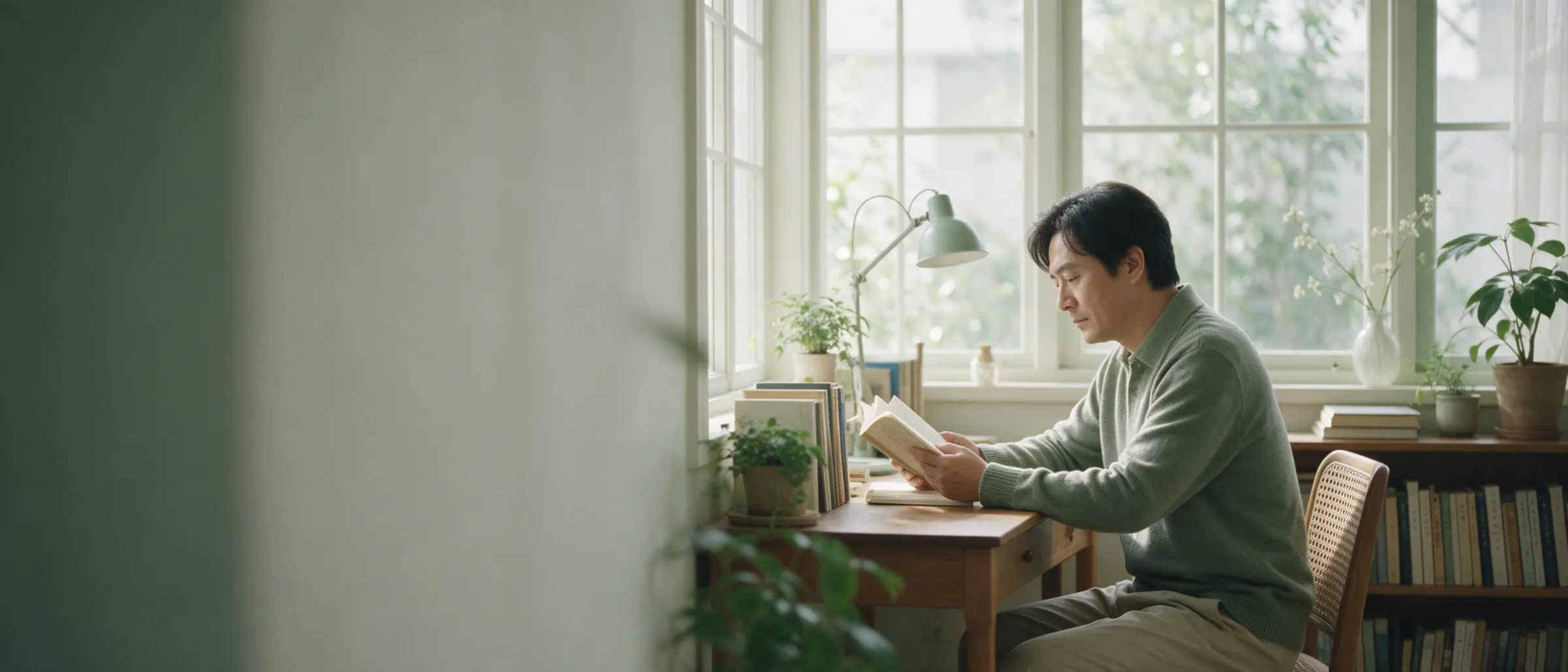Persona leyendo junto a una ventana, entre plantas