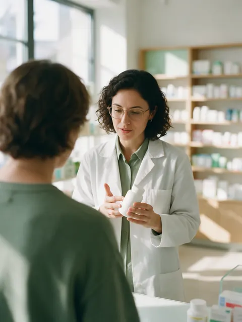 Farmacéutica explicando un producto en el mostrador